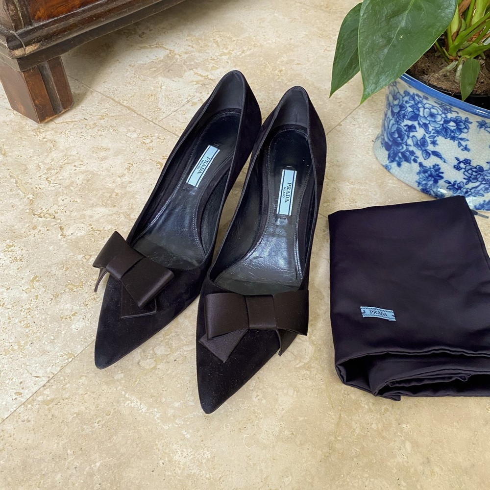 Prada black suede pumps with matching dust bags